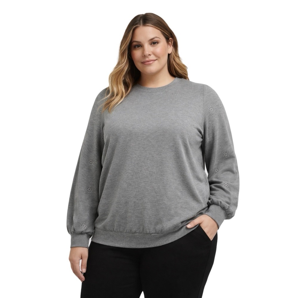 Torrid Women's 2 2x Eyelet Sleeve Top Grey Floral Plus Dainty French Terry Shirt